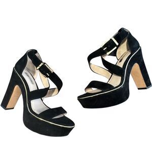 Louise Et Cie Jazmin Chunky Platform Sandals Black Suede Gold Trim Womens Size 8